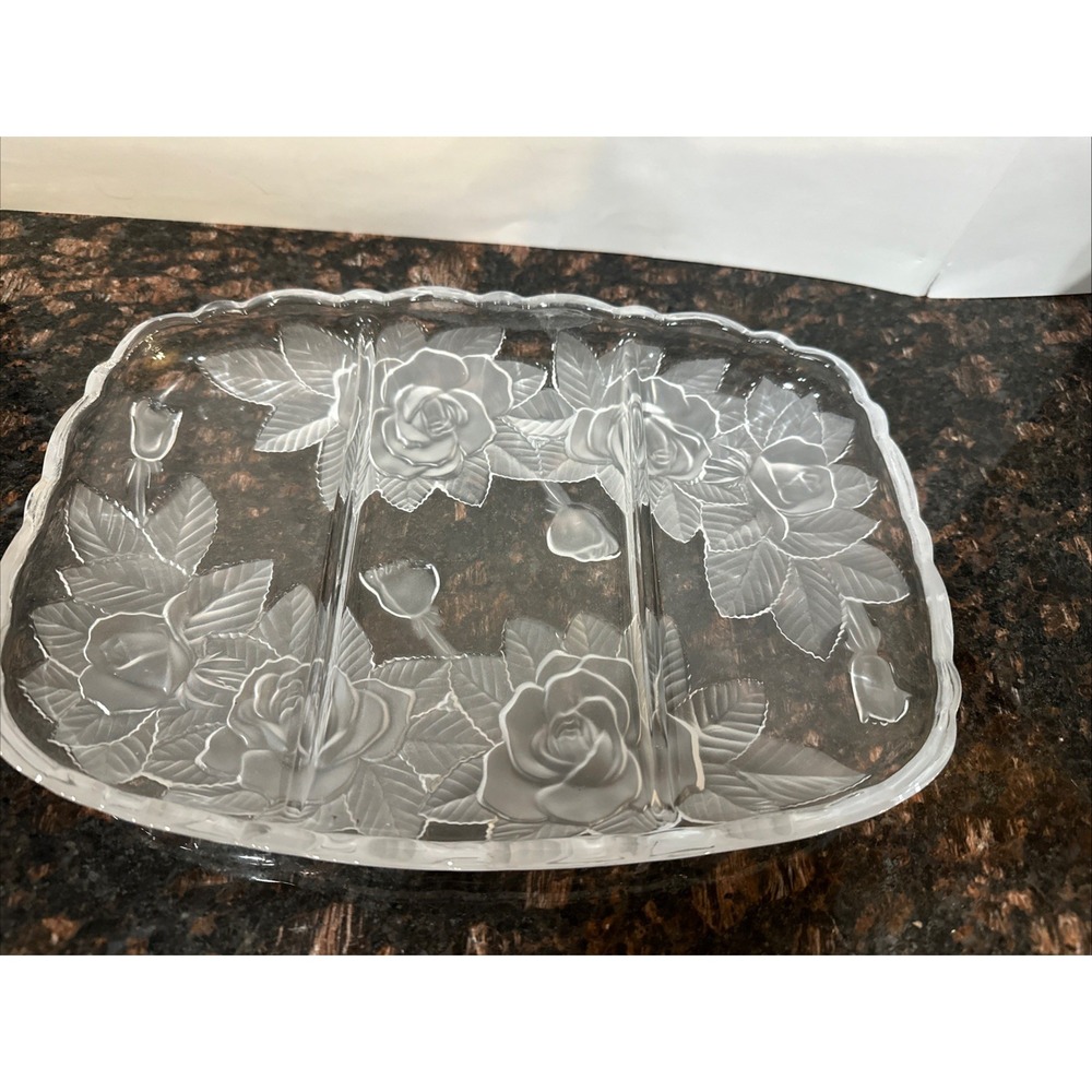 Vntg MIKASA Studio Nova Crystal Winter Rose 3 Section Divided Serving Platter